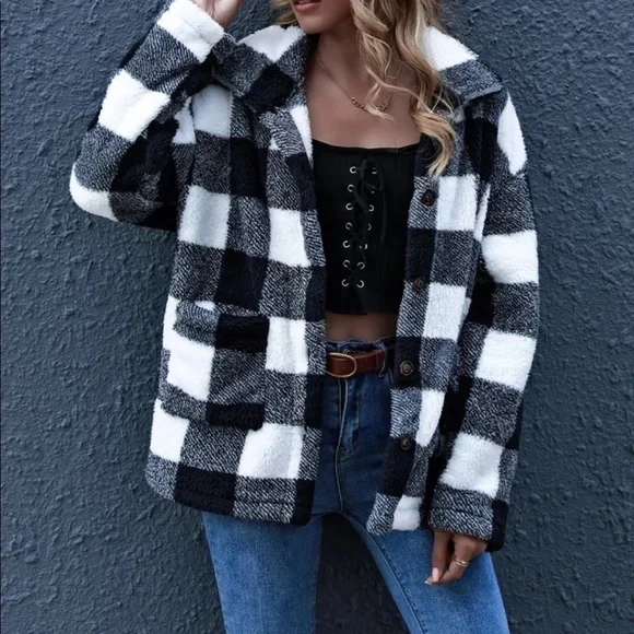 Gingham plaid button down teddy coat